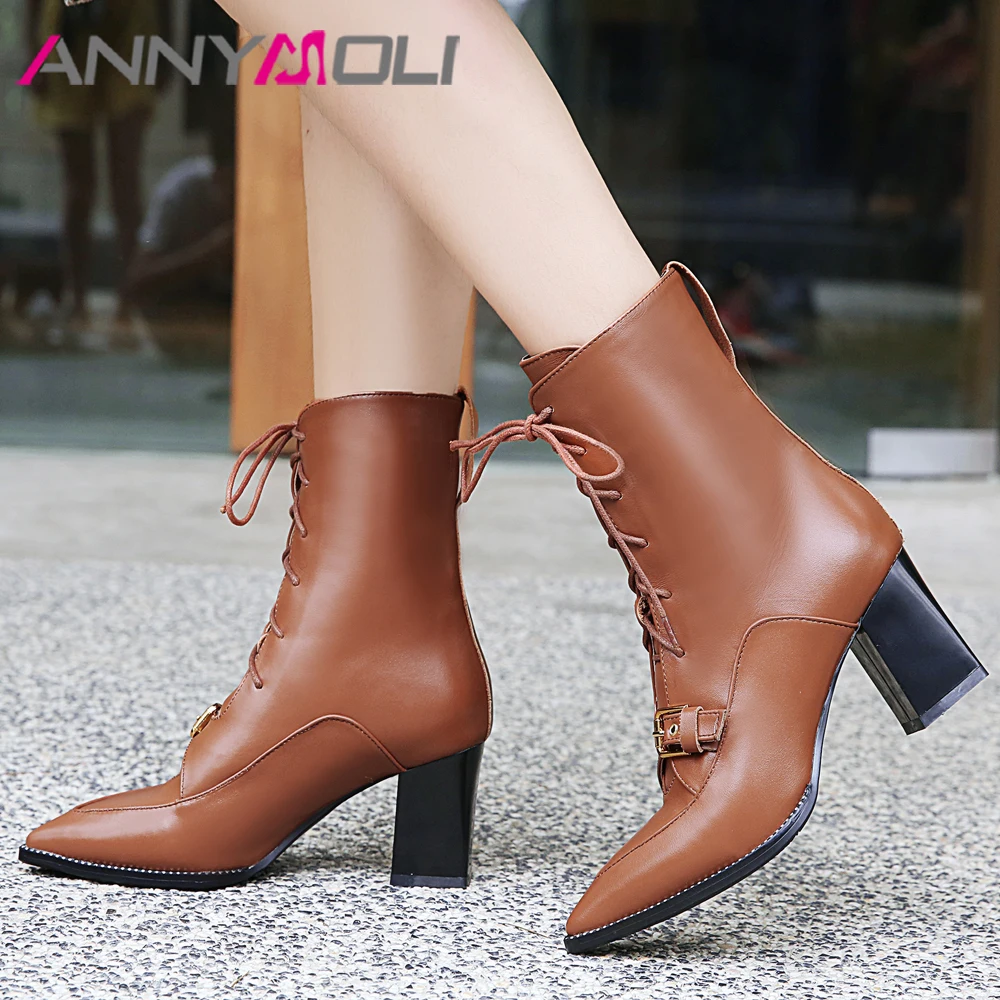 

ANNYMOLI Winter Ankle Boots Women Shoes Natural Genuine Leather Chunky High Heels Short Boots Buckle Lace Up Shoes Lady Size 43