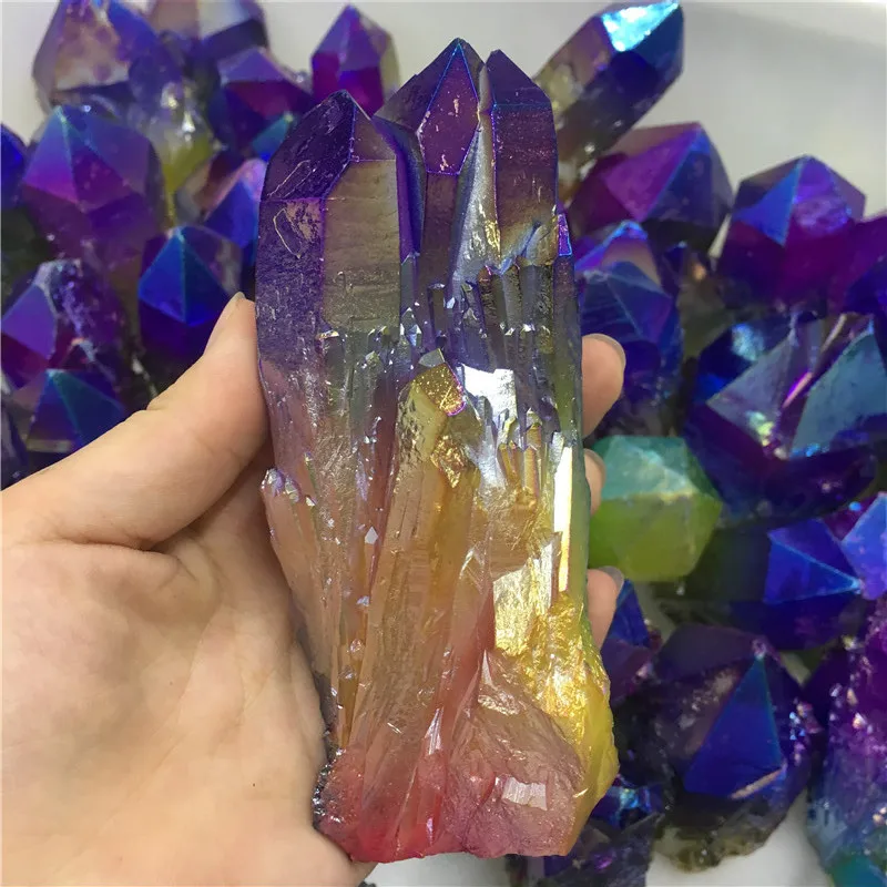 Красивый Красочный Фиолетовый Желтый Синий кварцевый кристалл Aura титановый