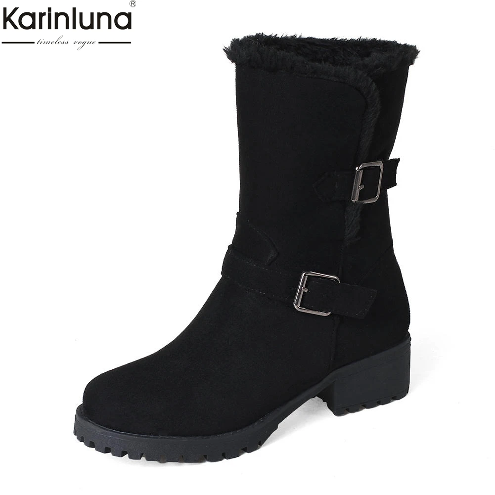 KARINLUNA/ г. Прямая поставка, большие размеры 33-44, женские ботинки наивысшего качества женская обувь на меху на не сужающемся книзу массивном каблуке для русской зимы зимние ботинки