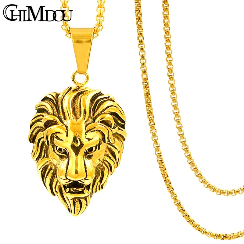 

CHIMDOU Rock Style Gold Color Lion Head Stainless Steel Domineering Roaring Lion Pendant Necklace Men Jewelry,AP1630