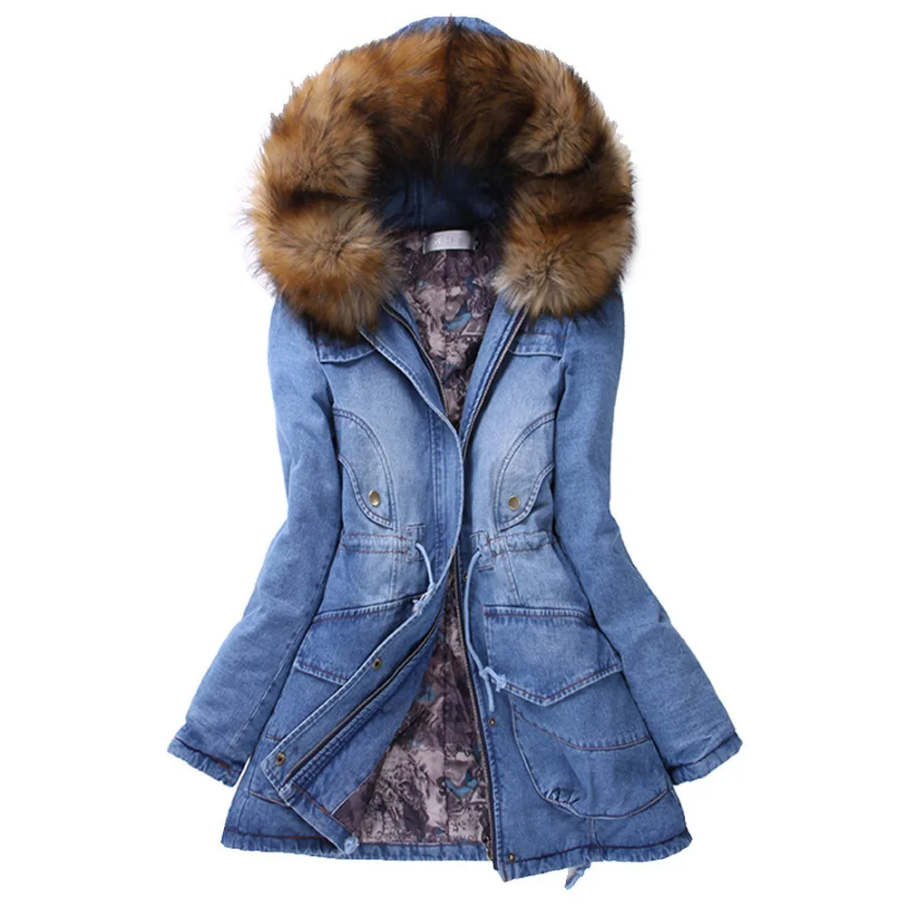 

CHAMSGEND 2018 High Quality Winter Women Jeans Coat Slim Long Warm Winter Jacket Fur Collar Hooded Jeans Jacket Denim Coats No9