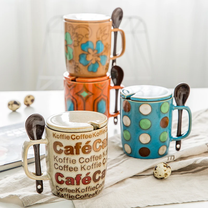 

European Retro Ceramic Cup Lid Spoon Simple Couple Office Coffee Milk Cup Travel Mug