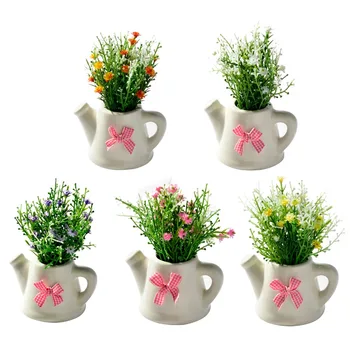 Conjunto de flores artificiales Gypsophila paniculat + florero pequeño de cerámica flores bonsái flor falsa para boda jardín casa deco