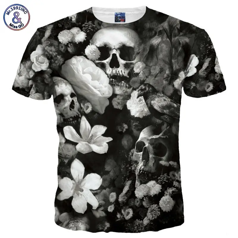

Mr.1991INC New Fashion Men/Women T-shirt 3d Print Skulls And Flowers Tshirt Summer Cool Short Sleeve T shirts Tops Tees