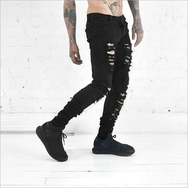 Wild Black Jeans Men Personality Ripped Skinny Jeans Fashion Punk Rock Mid Waist Trousers Hi Street Hip Hop Jeans  