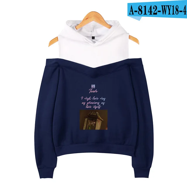 New Bangtan Boys Fake Love Off-shoulder Hoodies Women's Fashion Sweatshirt Print Fake Love Hip Hop Hoodie Pullover Hooded - Color: LJ-navy blue