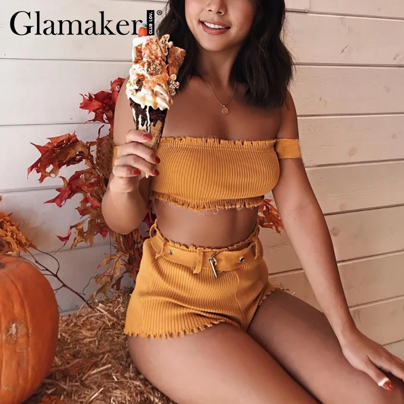 Glamaker вязаный желтый с открытыми плечами женский летний костюм из двух частей