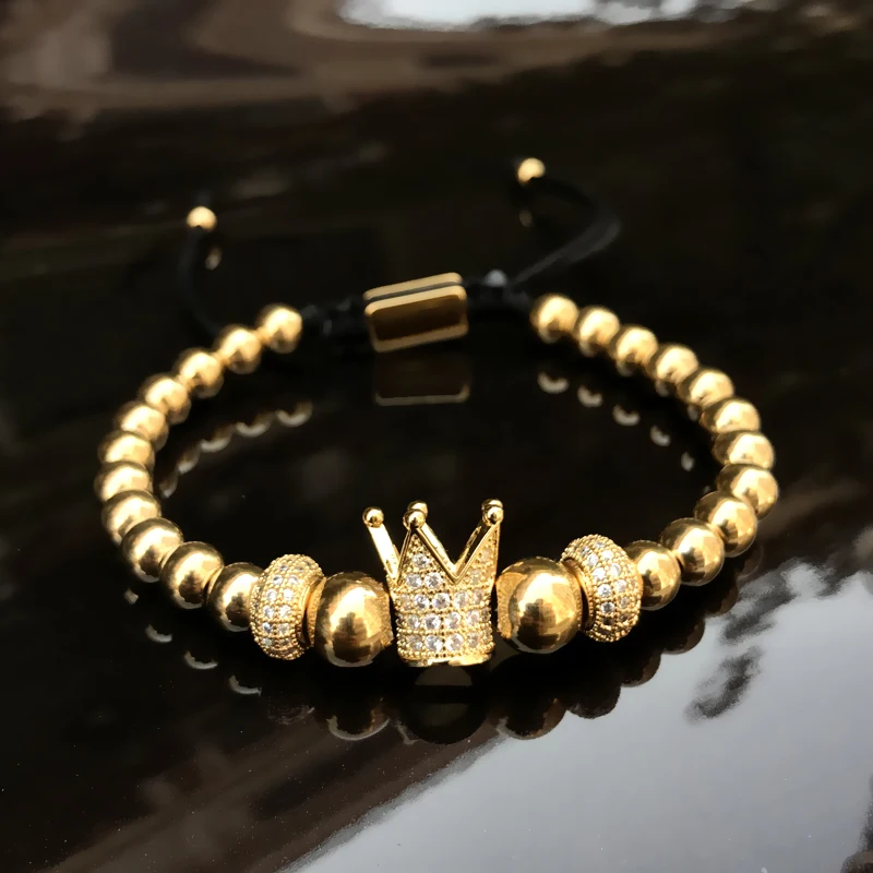 

Mcllroy Charm bracelets 6mm golden metal titanium steel beads bracelet bangles Crown Woven Bracelet Stainless steel jewelry 2018