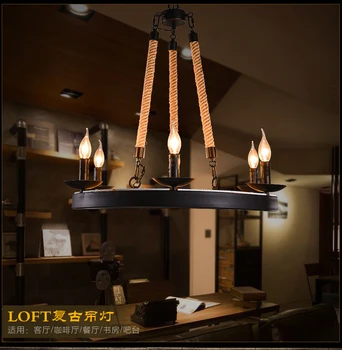 

American Country Hemp Rope Pendant Lights Fixture Retro Industrial Round Candle Droplights Home Indoor Foyer Club Lighting D60cm