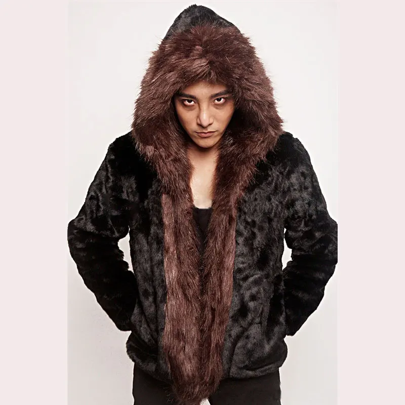 

2018 Black Men Fake Rex Rabbit Fur Coats Faux Brown Fox Fur Collar New Fashion Warm Winter Hooded Fur Jackets Luxury Overcoats