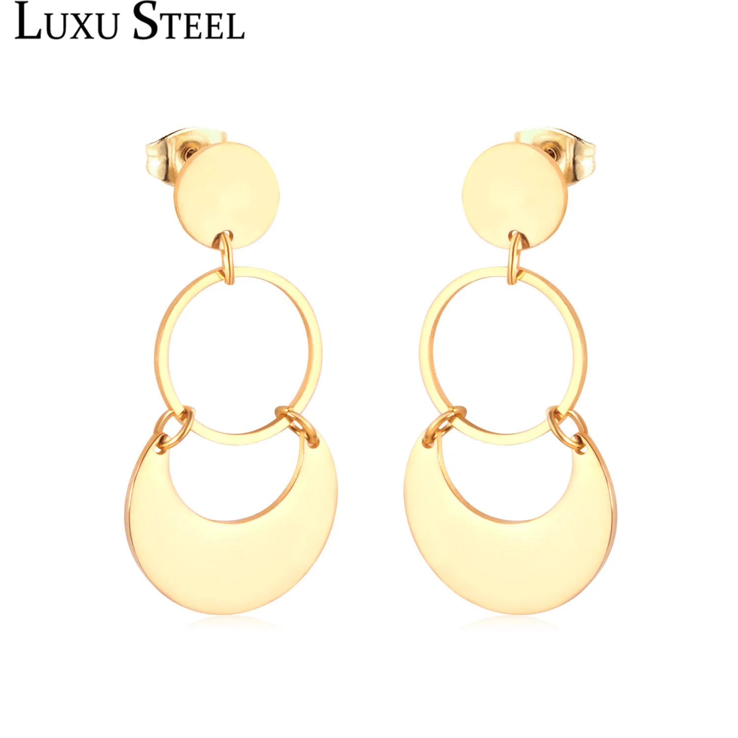 

LUXUSTEEL Hollow Out Round Drop Earrings Stainless Steel Gold/Silver Geometry Long Earrings Female Bijoux Party Daily Wear