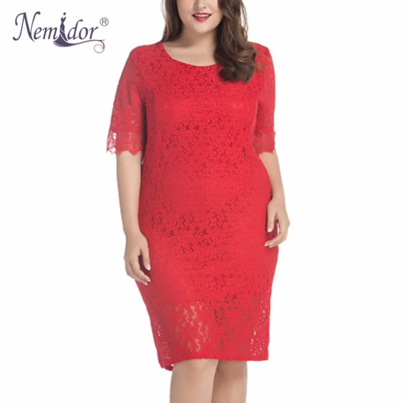 

Nemidor 2019 Hot Sales Women Elegant Half Sleeve Midi Plus Size Dress Vintage Square Collar Sexy Bodycon Party Lace Dress