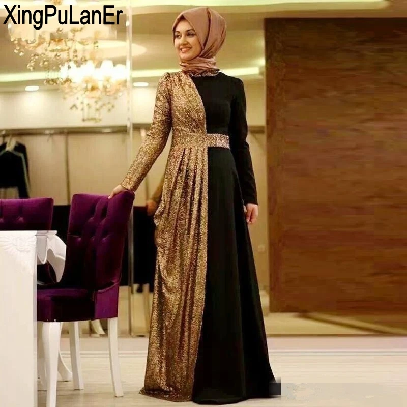 

A-line Long Sleeves Sequins Sparkle Black Gold Muslim Evening Dresses 2019 Islamic Dubai Saudi Arabic Long Elegant Evening Gown