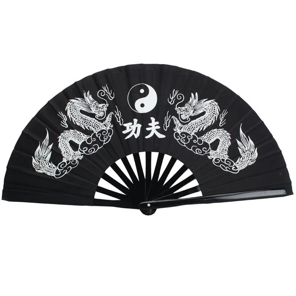 

Chinese Kung Fu Tai Chi Eight Trigrams Double Dragon Bamboo Rib Frame Fan Black