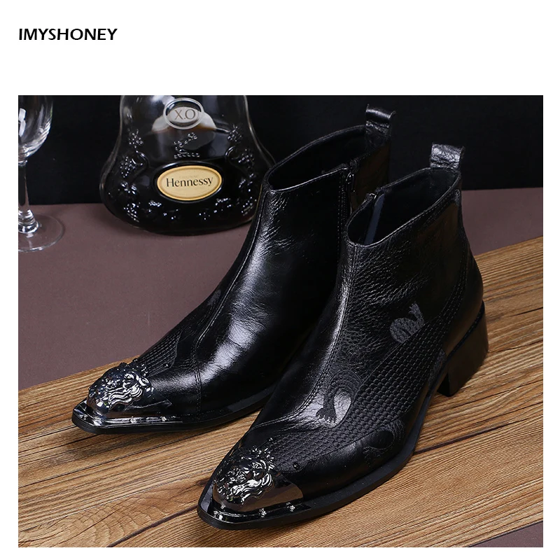 

Pointed Toe Genuine Leather Ankle Boots Men Casual Black High Top Career Work Boots Luxury Shoes Animal Pattern Embroidery
