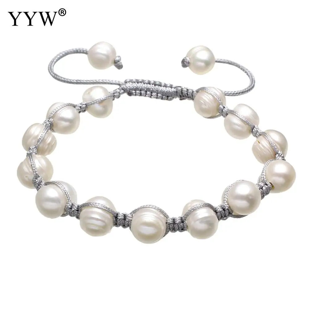 Пресноводным культивированным жемчугом Браслеты 8-10 мм Белый картофеля пресноводный жемчуг Шарм Браслеты с Нейлоновый Шнур Для женщин ювелирные изделия