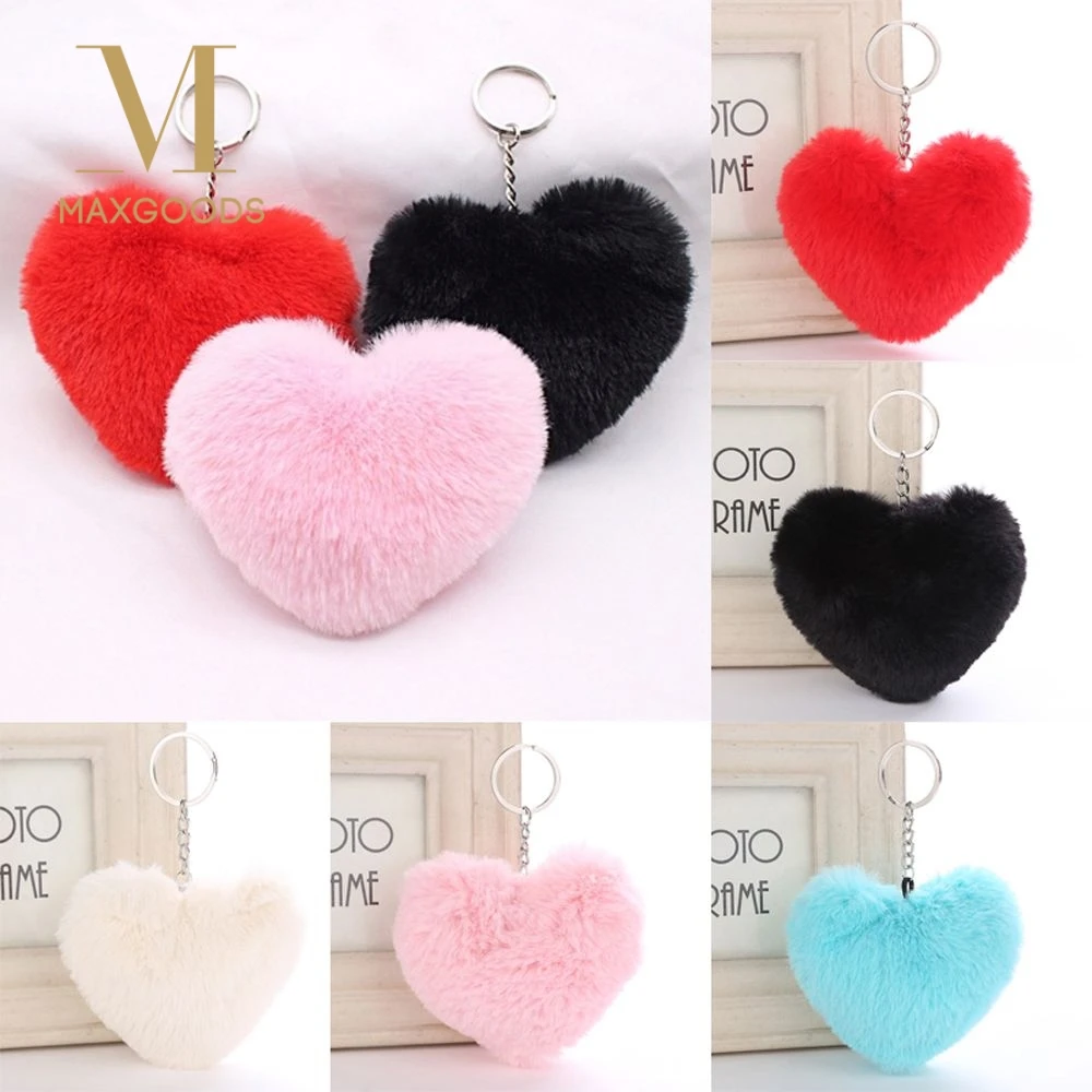 

9CM Fluffy Fur pompom Keychain Soft Lovely Heart Shape Pompon faux Rabbit Fur Pom Poms Ball Car Handbag Key Ring Gift