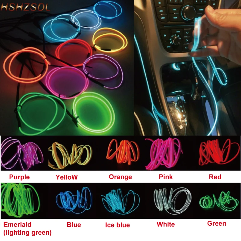 

5m 10 color Sewing Edge Car Flexible Neon Cold Light Glow EL Wire Strip Tape EL Tape Car Decoration With DC12V Car plug