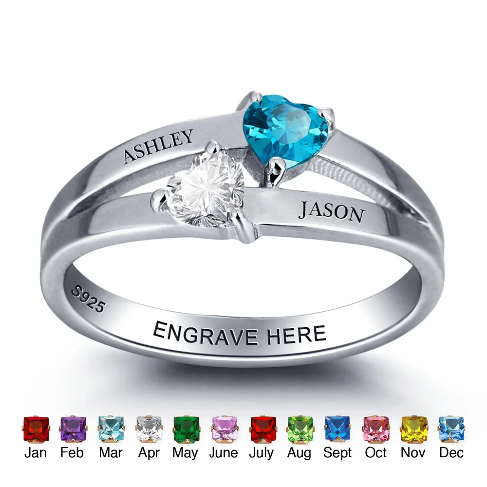 925 Sterling Silver Personalized Birthstone Engagement Ring Double