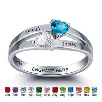 

925 Sterling Silver Personalized Birthstone Engagement Ring Double Heart Engrave Name Romantic Birthday Gift For Her (RI101976)