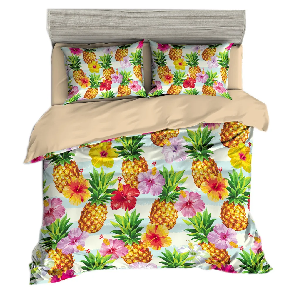 Pineapple Bedding Set,Colorful Pineapple and Flowers Printed Duvet