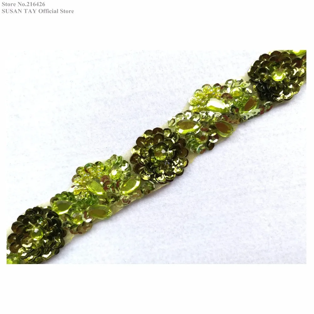 New Handmade Light Green Sequined Beaded Stoned 3D Flower Lace Ribbon Trims Dancing Dress Costume Wedding Decoration 1Yard BT77E | Дом и сад