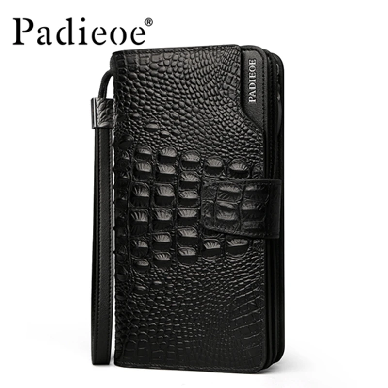 

Padieoe Luxury Crocodile Pattern Men Clutch Wallet Genuine Cow Leather Men's Long Purse High Quality Zipper Wallet With Strap