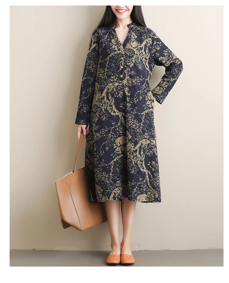 

P Ammy 2019 Spring Cotton Linen Floral Print Long Sleeve Oversized A-line Dress Women Plus Size V-Neck Tunic DreessVestidos