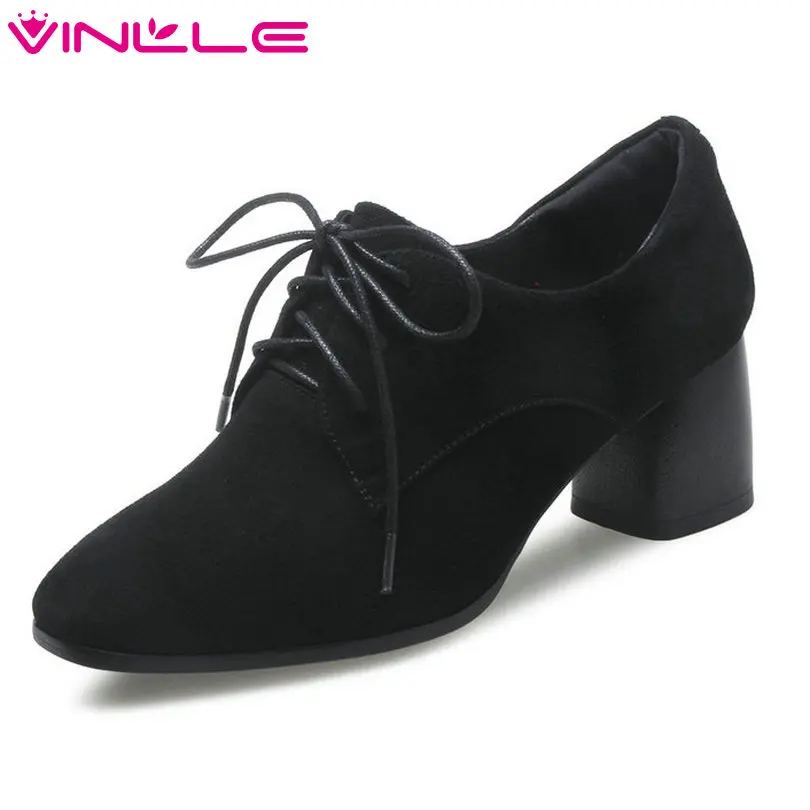 

VINLLE 2018 Women Pumps Square Med Heel Pointed Toe Genuine Leather Lace Up Platform Elegant Ladies Wedding Shoes Size 34-42