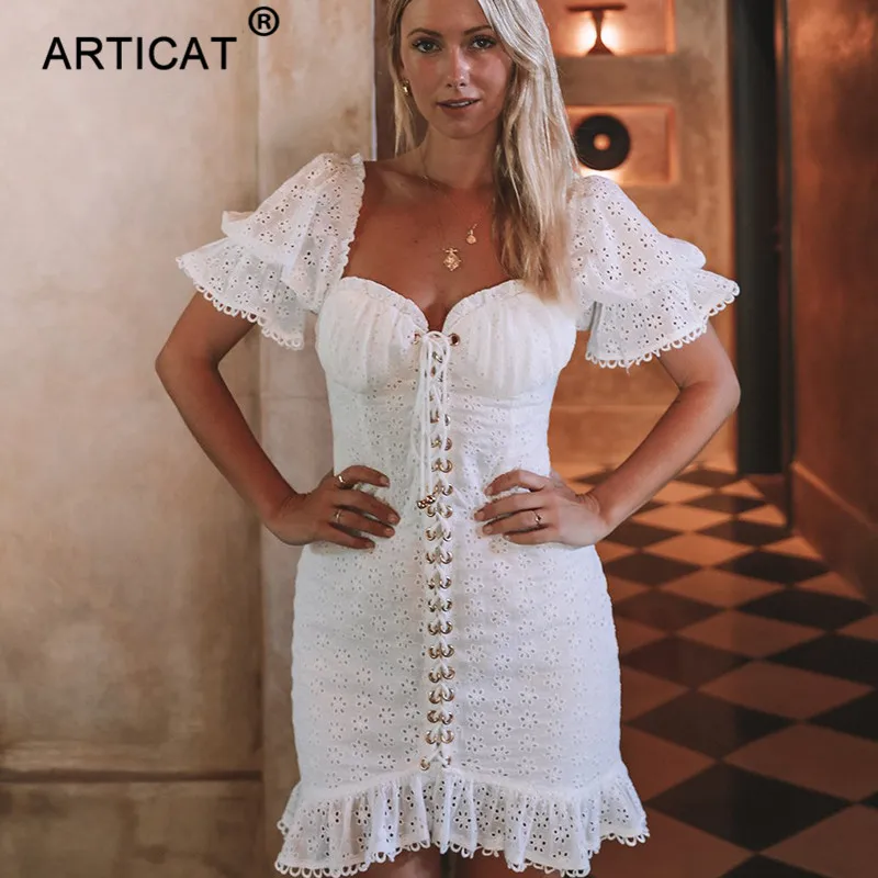 Articat белое кружевное с оборками сексуальное облегающее платье с открытыми плечами с пышными рукавами хлопковое летнее платье мини элегантное вечернее платье Короткое