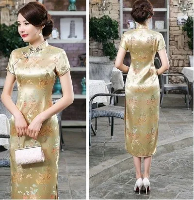 Церемониальные платья Cheongsam длинная консультация клиентская служба двери отеля Добро пожаловать работа Восточный одежда церемониальный халат Longue Femme - Цвет: Golden Dragon Flag