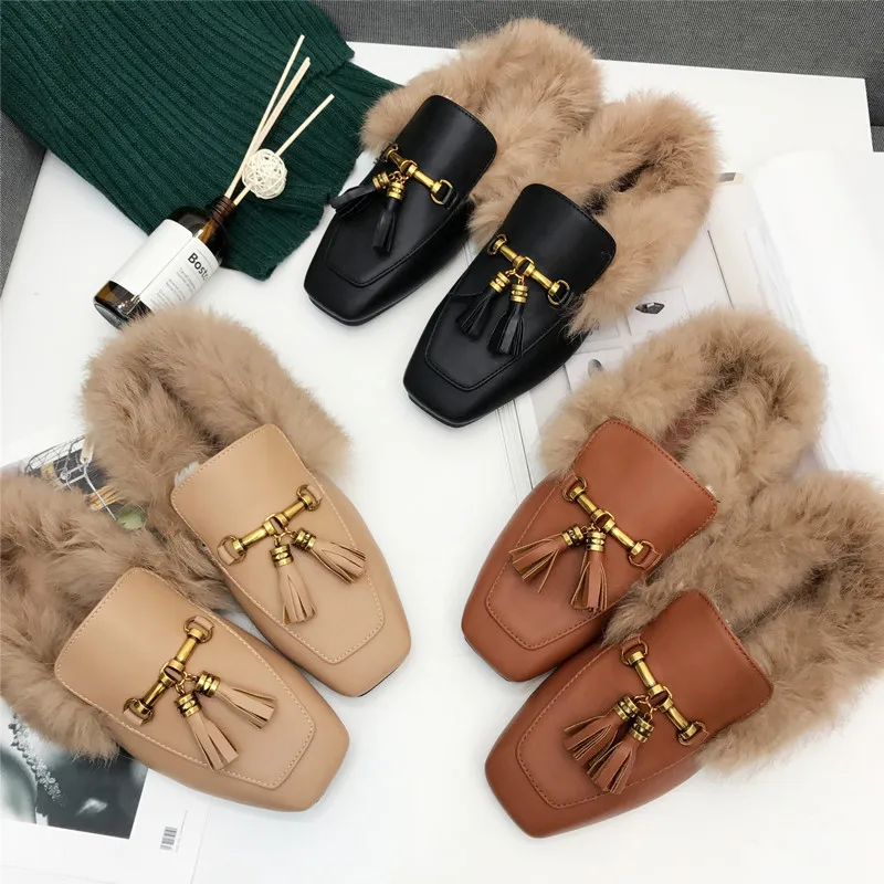 

Women Fringe Mental Buckle Fur Slides Slip On Slippers Flat Heel Furry Mules Slipony Loafer Shoes