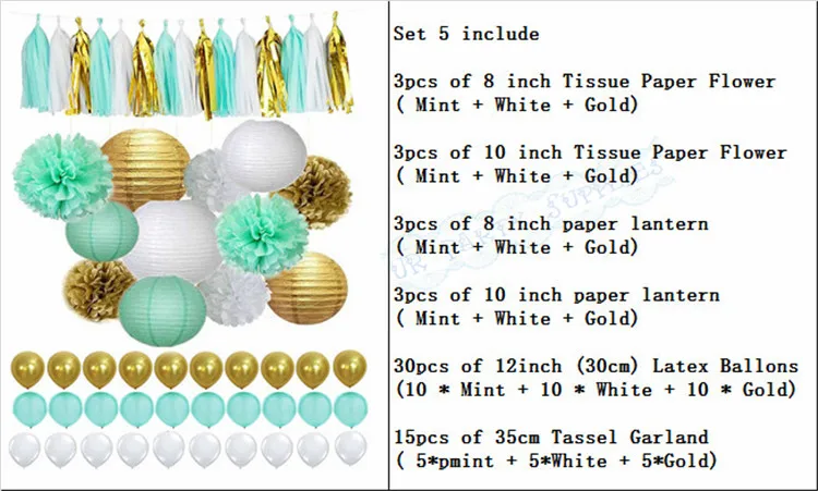 1 комплект Мята белая и золотая ткань бумажные помпоны подвесная гирлянда воздушные шары свадьбы свадебный душ Детские вечерние украшения - Цвет: Set 5