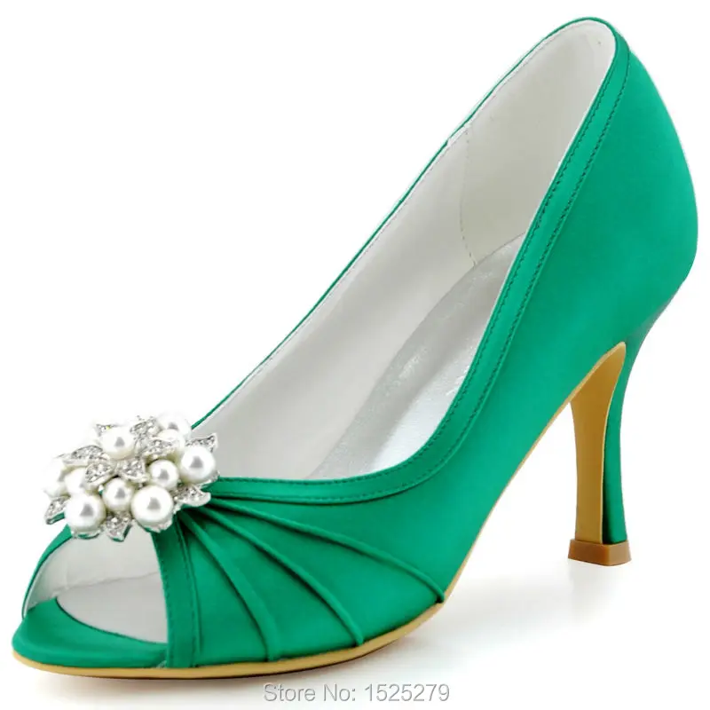

Women Shoes EP2094AE Green Mint Bride Bridesmaid Bridal Party Pumps High Heel Peep Toe Satin Clips Pearl Flower Wedding Shoes