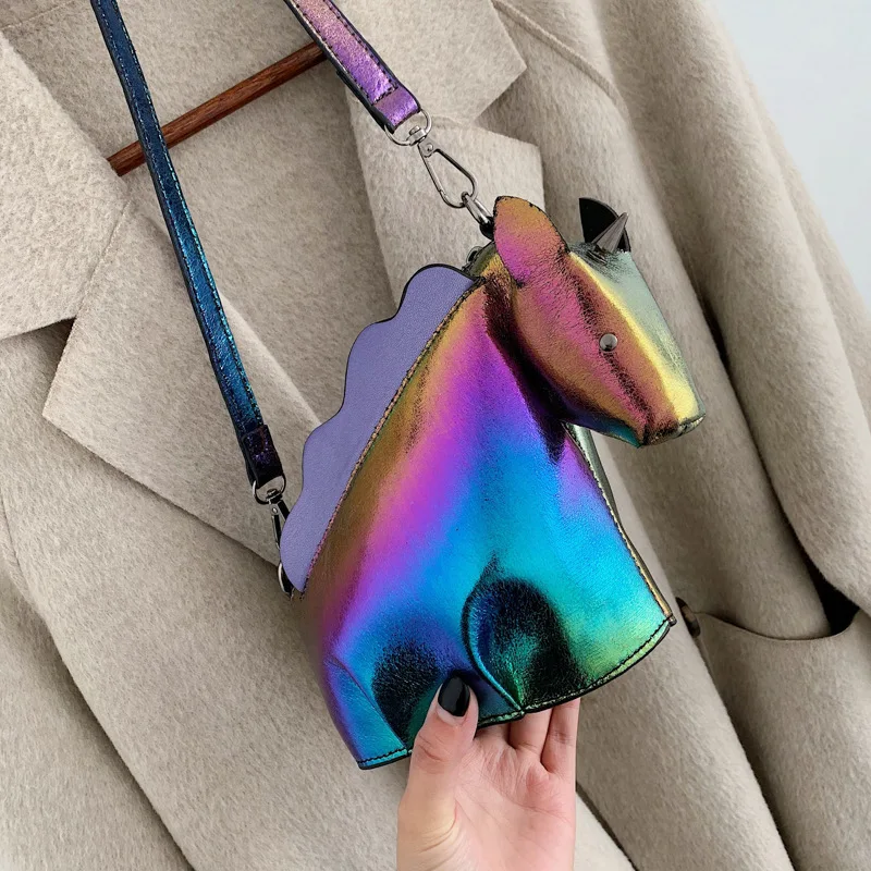 

Cute Fantasy Fashion Unicorn Design Pu Leather Laser Girl's Chain Purse Handbag Shoulder Bag Crossbody Mini Messenger Bag Flap