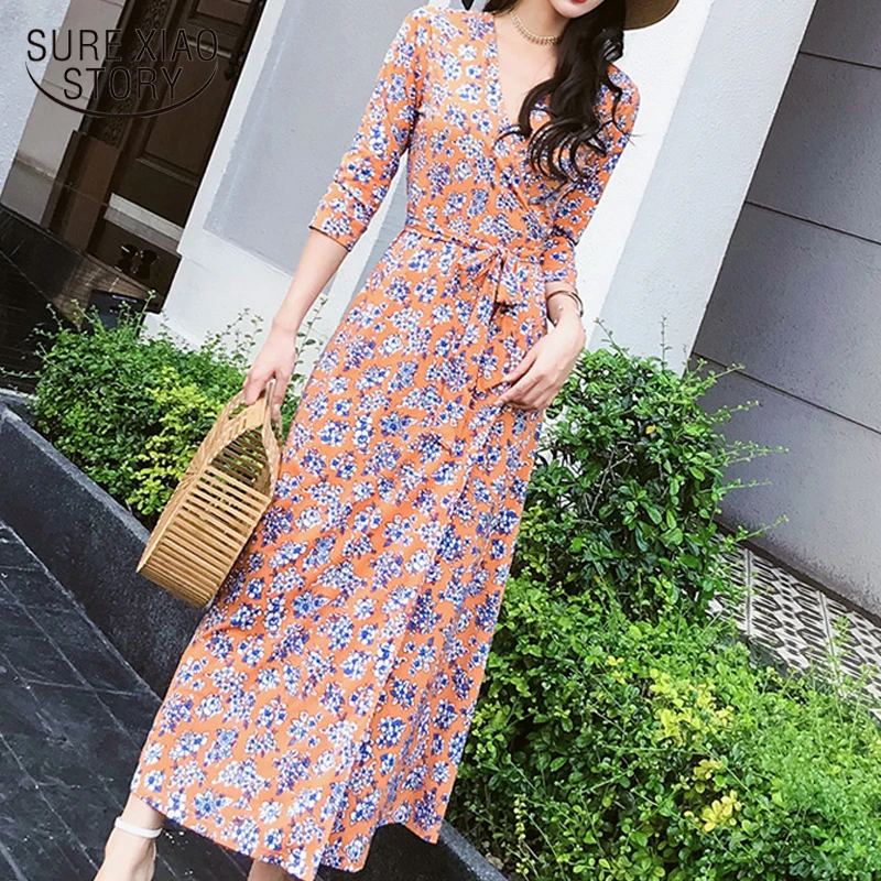 

New 2018 Spring Summer Print Bohemian Women Dresses Floral Elegant Wrap A-Line Bow V-Neck Slim Long Slim Female Dress 0237 40