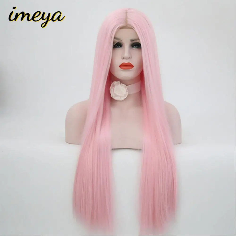

Imeya Pink Color Long Straight Synthetic Lace Front Heat Resistant Fiber Half Hand Tied Wigs With Natural Hairline For Women