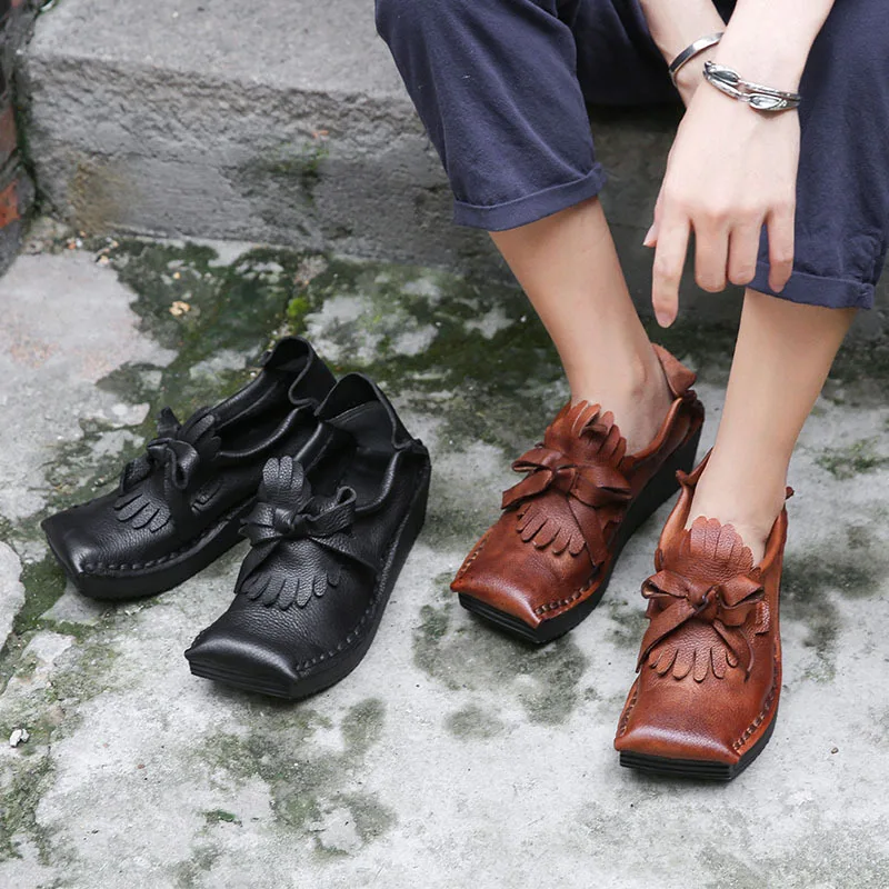 

2018 autumn winter retro thick sole female shoes soft leather square head casual wedges shoes women genuine leather H82-79