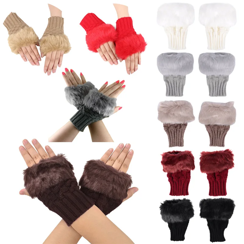 Fashion Winter Women Gloves Plush Faux Fur Knitting Wool Keep Warm Short Mitten Fingerless Lady Girl Half Finger Glove M8694 | Аксессуары
