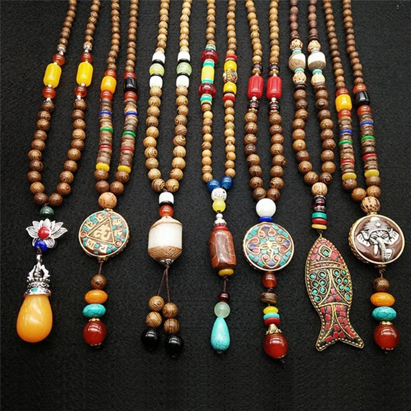

New Vintage Wood Beads Necklaces Natural Stone Pendant Long Sweater Necklace Women Man Jewelry