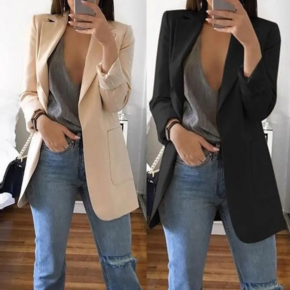 Women Casual Mid Trench Coat Solid Color Pockets Slim Cardigan Office ...