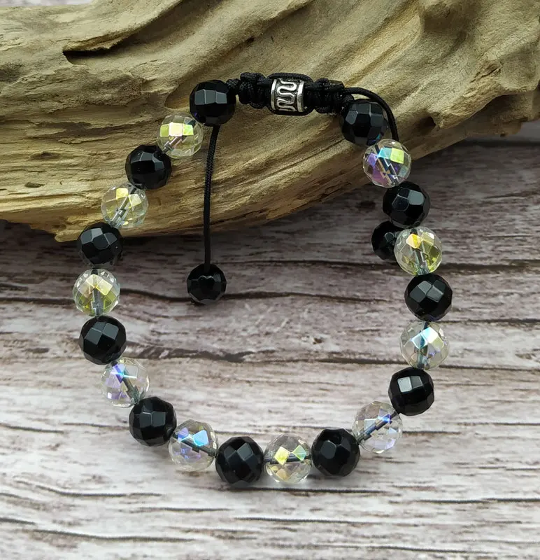 

YA3889 Black Agates Glass Faceted Stone Beads Adjustable Bracelet