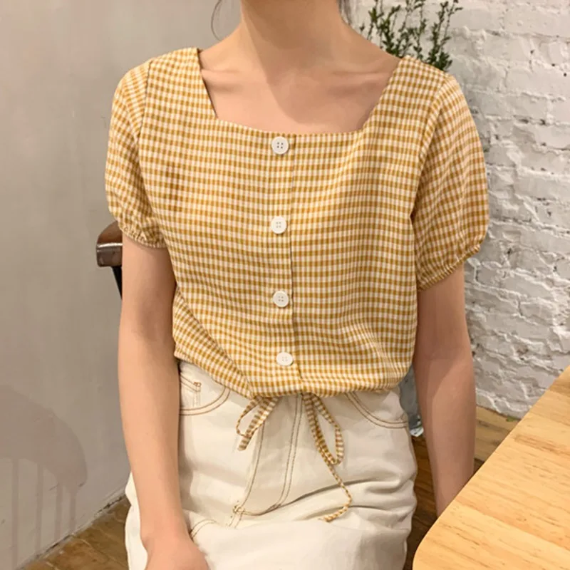 Summer Cute Girl Blouse Plaid Yellow Square Neck Puff Sleeve Shirt Women Top Chemise Femme Chemisier Blusa Mujer Camisa Aliexpress