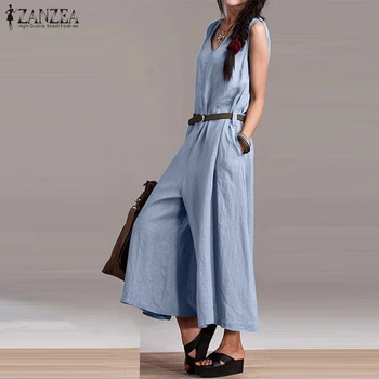 

ZANZEA Women Jumpsuit 2020 Summer Ladies Sleeveless Jumpsuit Cotton Long Rompers Overalls Wide Leg Playsuits Combinaison Femme