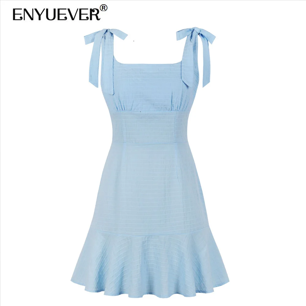Enyuever Blue Summer Dress 2019 Korean Style Women Casual Cotton Ruffle Bow Tie Spaghetti Strap Robe Sexy Sundress Vestido | Женская