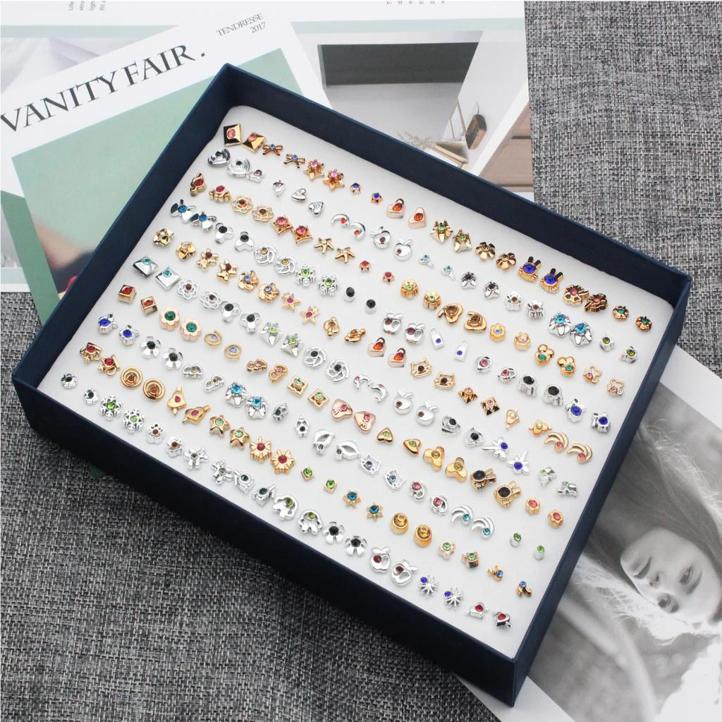 100 Pairs Wholesale Lots Simple Resin Stud Earrings Set Fashion Cute Crystal Rhinestone Ear Studs with Storage Box