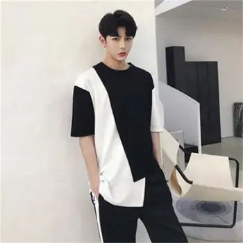 

Summer original irregular design black white patchwork hip hop men tshirts personality streetwear half sleeve homme tee shirts
