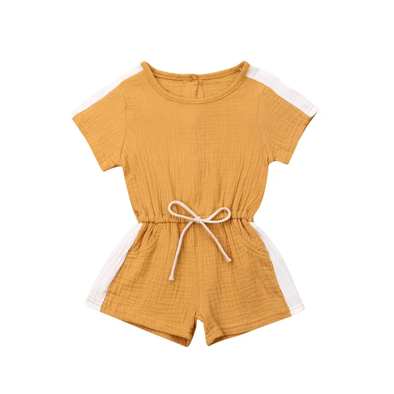 

Summer Kids Baby Girl Clothes Sport Romper Cotton Linen Jumpsuit Short Sleeve Bowknot Girl Playsuits Side Striped Romper 0-4Y