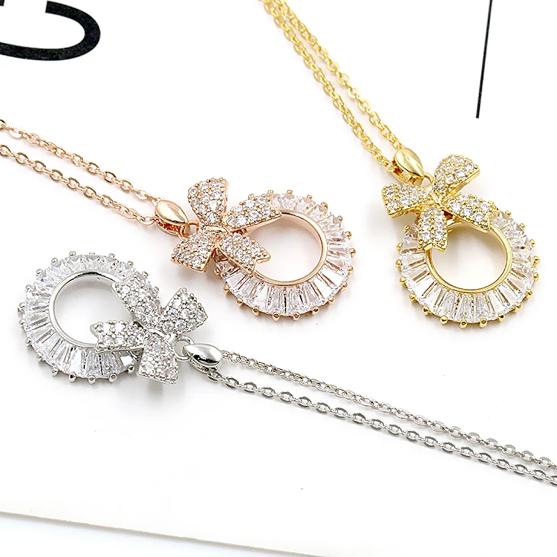 Кубический цирконий круг и лук циркон ожерелье и серьги набор украшений для женщин в розовом золотом цвете покрытием