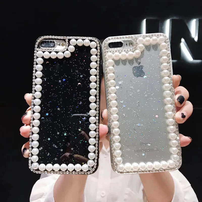

Hot Luxury Pearl Diamond Glitter Sequins Silicone cute phone case for iphone XR X XS MAX 7 8 plus for samsung S10 S9 S8 Note 8 9